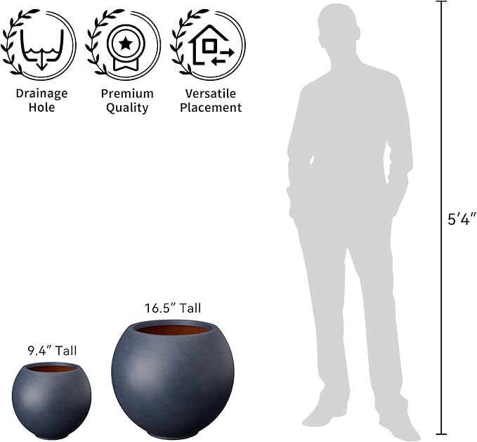 Kante Round Concrete Flower Pot, 11 Inch Dia (7.9" Opening) Sphere Shape Design Planter with Drainage Hole and Rubber Plug for Indoor & Outdoor Plants, Charcoal Finish with Painted Interior
