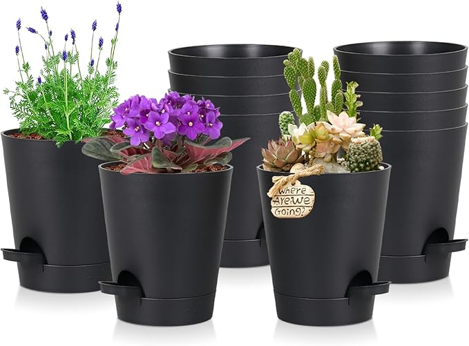 zople 12 Pack 4 Inch Self Watering Plant Pots with Drainage and Saucers，Plastic Flower Pots for Indoor and Outdoor Plants, Nursery Planters for Houseplants and Herbs Black, 4 inch 12pcs