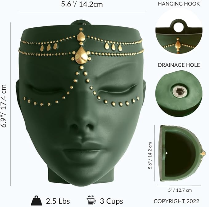 Head Planter - Indoor & Outdoor Home Decor Gifts for Plant Lovers - for Flat Surface or Wall Mount - Unique Face Planter for Flowers, Succulents, & More (7 inch, Serena Design, Green)