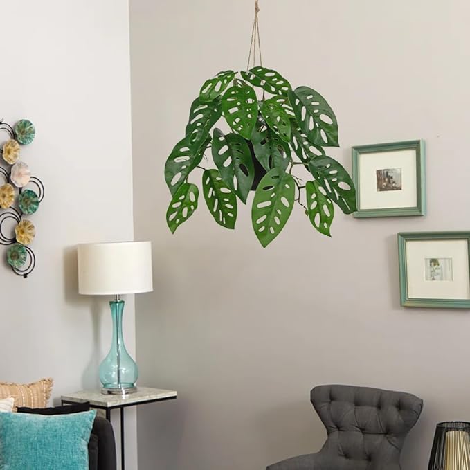 Fake Hanging Plant in Black Pot Artificial Philodendron Plant Faux Greenery Leaves for Wall Bedroom Office Desk Bathroom Indoor Outdoor Home Decor
