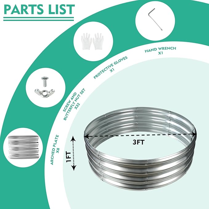 3FT Diameter Galvanized Garden Raised Bed/Plant Box/Fire Pit Ring-0.8mm Thick,12 Inch Tall,Crimped Edge and Corner,No Sharpe,Perfect for Plantings (Silver, 36 Dia X 11.5 inches)