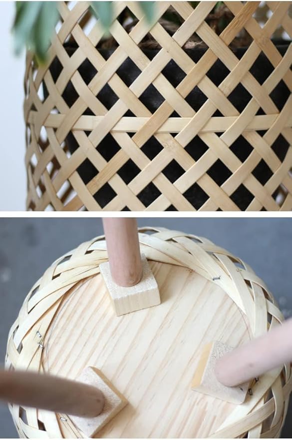 RISEON Set of 2 Handmade Mid Century Modern Planter, Rustic Indoor Rattan Basket Flower Pot Plant Stand,Large Floor Planter Natural