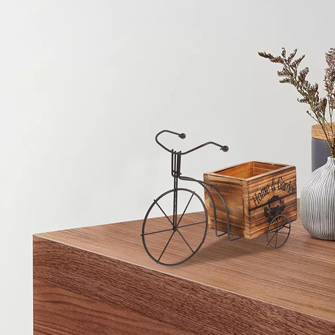 DOITOOL Bicycle Planter Wooden Planter Boxes Tricycle Plant Stand Succulent Pot for Outdoor Plants Garden Home Decoration