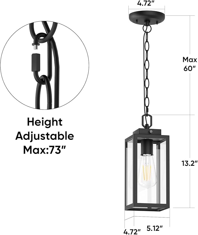 Dusk to Dawn Outdoor Pendant Light, Modern 1-Light Outdoor Hanging Lantern, Matte Black Aluminum with Clear Glass, Exterior Pendant Lighting Fixture for Porch