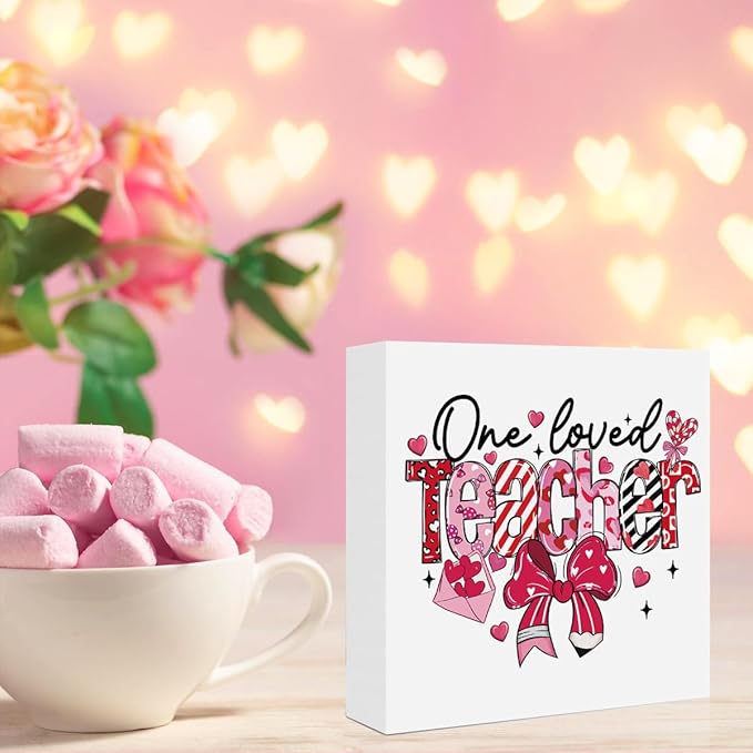 Teacher Valentine Decor Gift, Vintage Valentines Day Gifts for Teachers, Teacher Appreciation Gifts, Birthday Retirement Thank You Gift, Coquette Bow Pencil Wooden Box Sign for Office Desk Decor