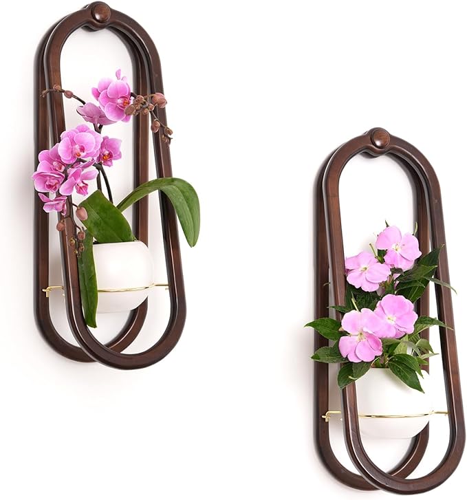 NEKL Wooden Wall Planters for Indoor with Ceramic Pot - Modern Hanging Plant Stand Shelf for Indoor Plants, Wall Mounted Plant Holder for Living Room, Bedroom, Wall Decor - Walnut Color (Set of 2)