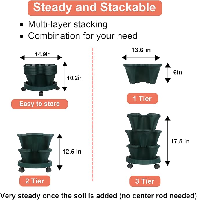 GameXcel Vertical Planter 3 Tier Stackable Planters Garden Planters Strawberry Herb Flower and Vegetable Planter Indoor Outdoor Gardening Pots with Removable Wheels and Tools 2-Pack