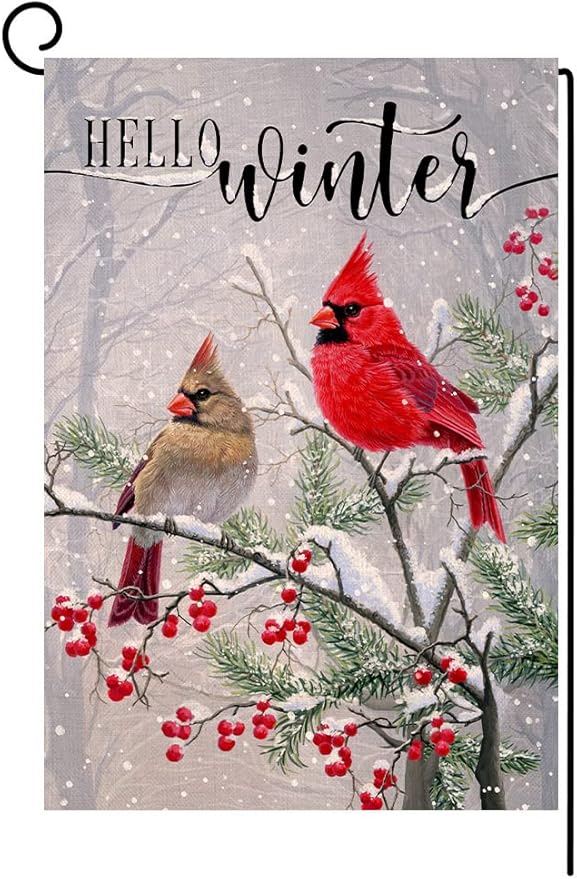 BLKWHT Winter Cardinal Bird Garden Flag 12x18 Vertical Double Sided Farmhouse Trees Snow Christmas Holiday Outside Decorations Burlap Yard Flag BW233