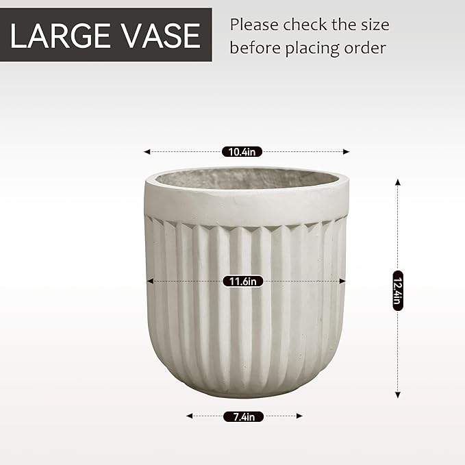 Round Planter with Vertical Ribs, 12 Inch Large Plant Pots with Drainage Hole, Modern Planters for Indoor Outdoor Plants, Home Decor, White