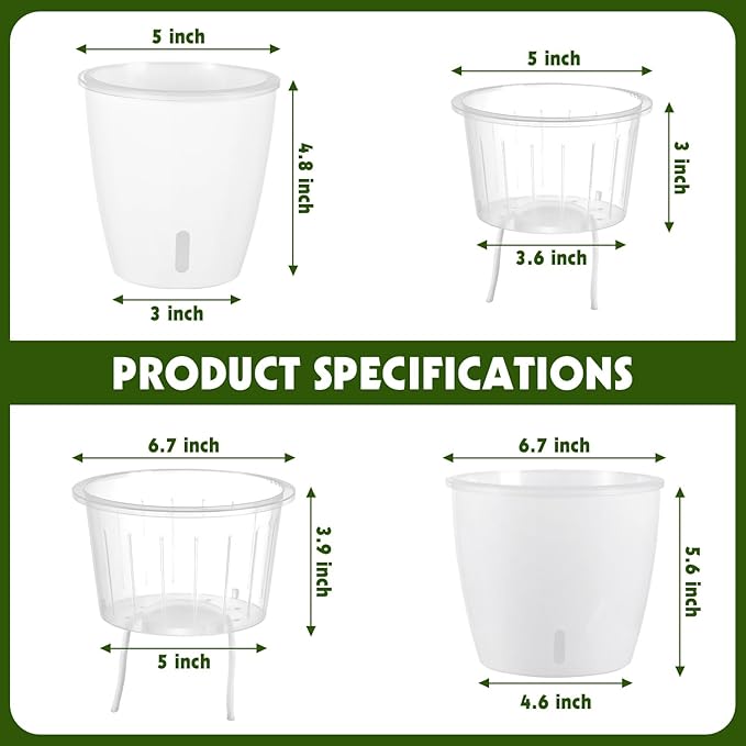KvyusFlourish 8-Pack 5 Inch Self Watering Pots, Indoor Planter with Indicator, Transparent Wick Pot for Orchids, Small African Violet Pot, for Plants