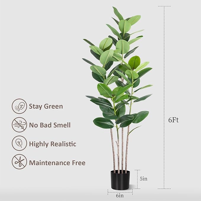 Artificial Rubber Tree 6FT Tall Faux Ficus Tree with Potted Fake Tropical Plant Decorative House Plants Large Floor Plants Artificial Trees for Home