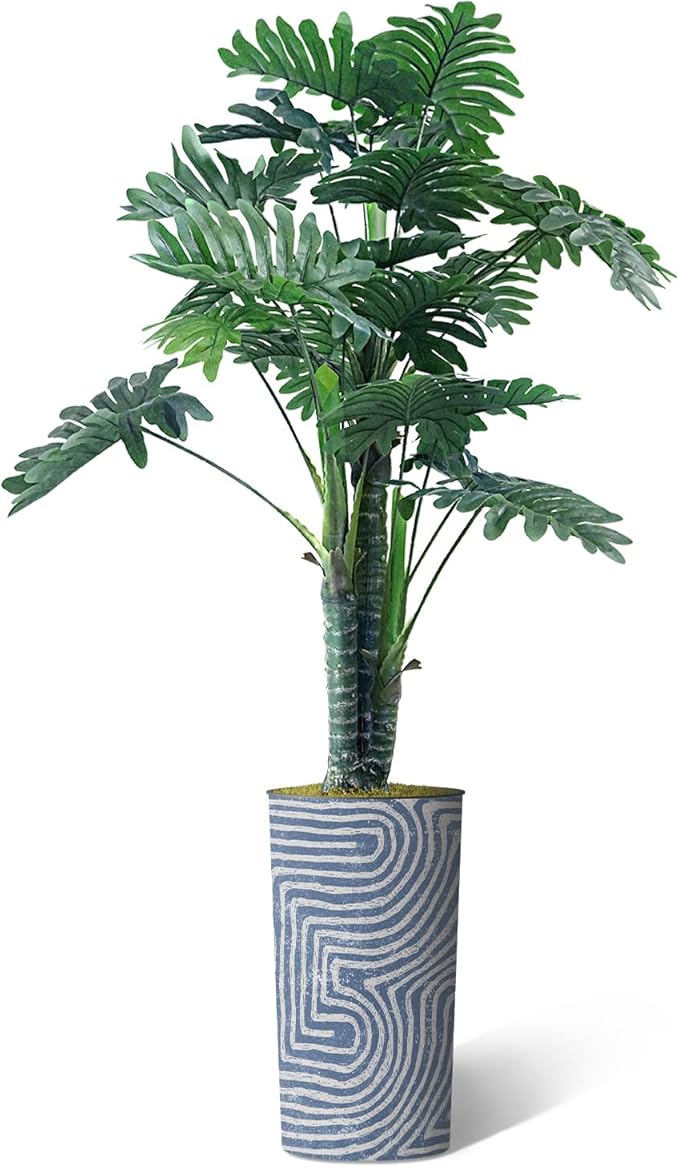Artificial Tree in Contemporary Geometric Pattern Planter, Fake Philodendron Tree Silk Tree for Indoor and Outdoor Home Decoration - 70" Overall Tall (Plant Pot Plus Tree)
