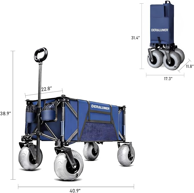 Beach Cart with Big Wheels for Sand, 35"L Heavy Duty Folding Beach Wagon with 9×4" Balloon Tires, All Terrain Utility Cart for Garden, Sports, Camping, Outdoor (Sand Rover X800-BS,Navy Blue)