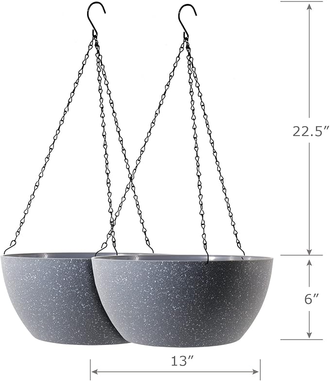 WSMKSZ 13 inch Large Hanging Planters Plant Pots for Outdoor Indoor Plants with Drainage Holes and Chain, 2 Pack Round Hanging Flower Pots for Garden Home Porch Decor, Speckled Grey