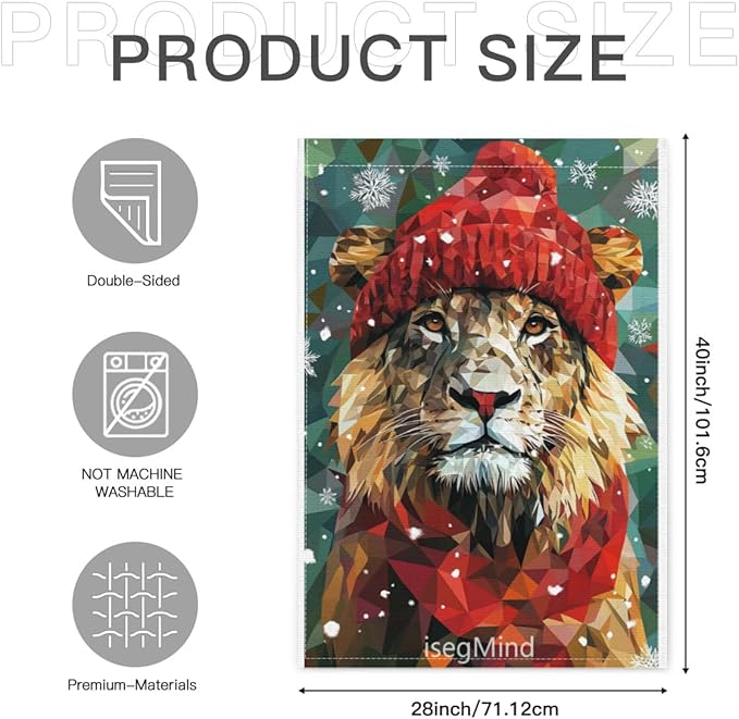 Lion with Red Scarf and Hat Snowflake Christmas Garden Flag, 28x40 Inch Double Sided Linen Holiday Red Winter Farmhouse Yard Outdoor Decoration (4328)