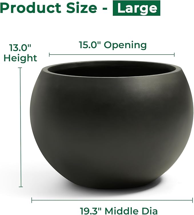 FloraFairy Fiberstone Sphere Planter, Black 19.3" Dia Large Flower Pot with Drainage Hole and Silicone Plug, Round Plant Container for Indoor or Outdoor, 15" Opening-13 H Large