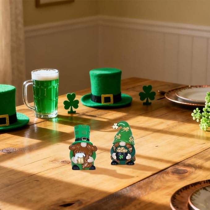 MEETYAMOR St Patricks Day Decorations, 2 PCS Handmade Gnome Resin Figurine for St Patricks Day Decor, Irish Green Clover Leprechaun Figurines Standing for Home Table, Mantel, Shelf
