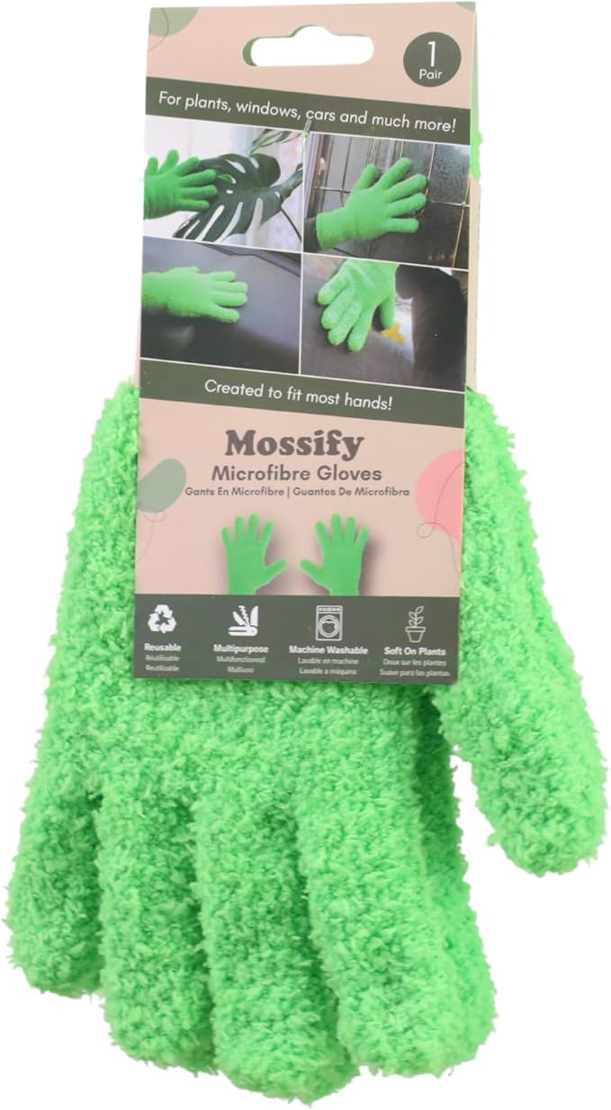 Mossify Microfiber Gloves for Plant Dusting – Reusable & Washable Plants Leaf Cleaning Gloves for Houseplants & Indoor Gardening, Soft & Absorbent Plant Dusting Glove for Windows, Dust Mitt - Green
