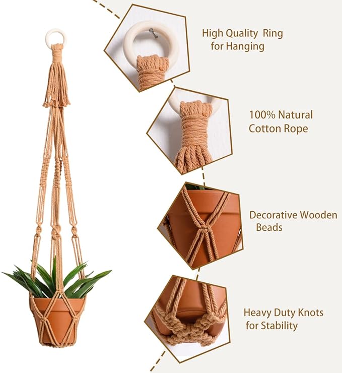 Artilady Plant Hanger Indoor Macrame Hanging Planters for Plants Holder Boho Brown Basket No Tassels Farmhouse Rustic Window Wall Decor (Brown Planter)
