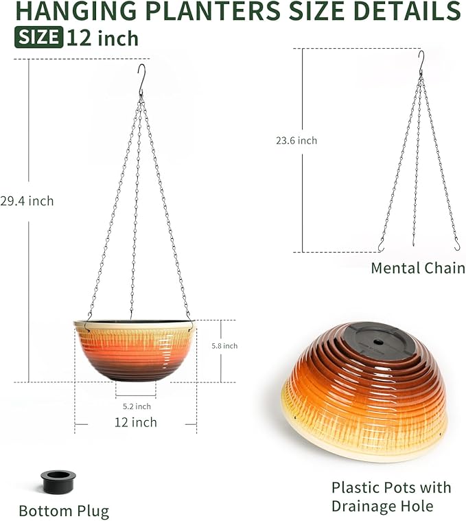 LESOASIS 12 inch Large Hanging Planters for Indoor Outdoor Plants, Set of 2 Glazed Hanging Flower Pots with Drainage Hole, Hanging Baskets for Garden Home Porch Decor