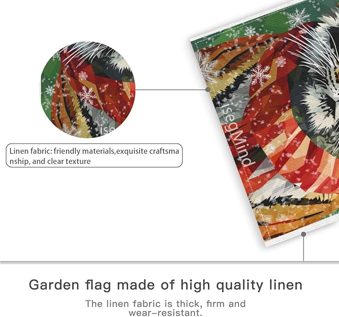 Tiger with Red Scarf and Hat Snowflake Christmas Garden Flag, 28x40 Inch Double Sided Linen Holiday Red Winter Farmhouse Yard Outdoor Decoration (4327)