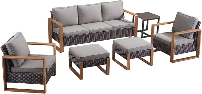 Outdoor Wicker Patio Furniture Set - 6 Piece Patio Conversation Set with 2 Wicker Armrest Chairs,2 Rattan Ottoman,1 Side Table and 1 Couch,Sturdy Frame,Thick Cushions,Deep Seating(Brown/Beige)