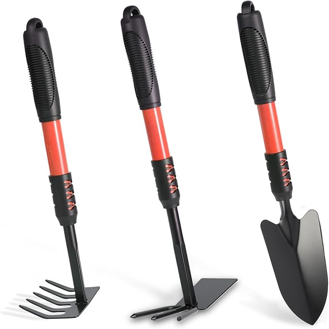 Garden Tool Set, 3 Pack Gardening Tools, Stainless Steel Heavy Duty Hand Cultivator, Hoes, Shovel, for Planting Weeding Digging, Red