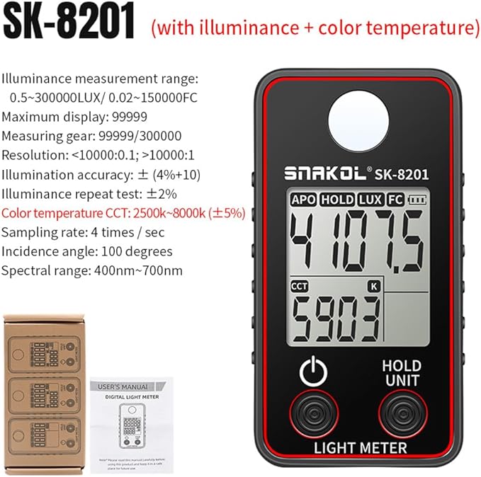 BSEWO Illuminance Meter,Color Temperature Tester High Precise Illuminance Meter 0.5-300000LUX LED Illumination Test Meter Photographic Luminance Measuring Device