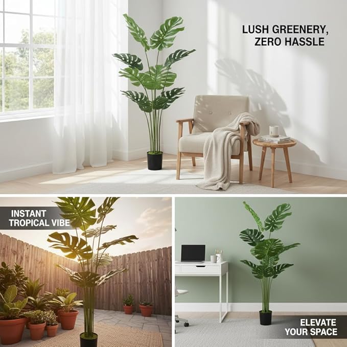 WC WAH CHUN Artificial Bird of Paradise Plant Fake Tropical Palm Tree for Indoor Outdoor, Perfect Faux Plants for Home Garden Office Store Decoration (Monstera 120)