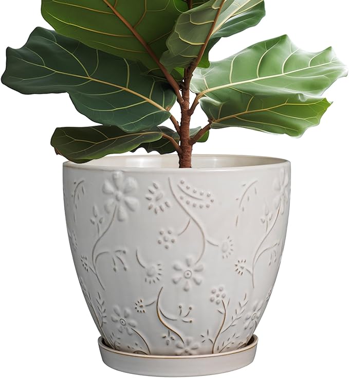 MPotTo 10 Inch Plant Pot Ceramic Planter Pot with Drainage Hole and Saucer Round Planter Large Flower Pot for Indoor Outdoor Plants Home Garden Decor White