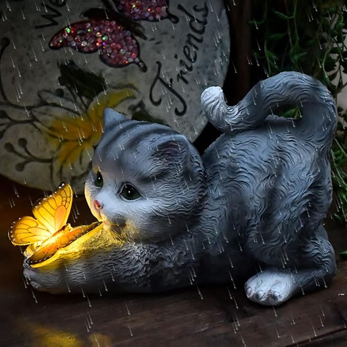 hYwecy Solar Garden Statue Cat,Garden Figurine Outdoor Decoration with Cat Holding Butterfly for Yard,Patio,Lawn Art Decoration,Housewarming Gift