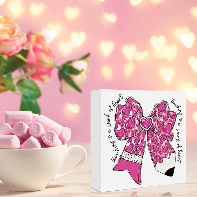 Teacher Valentine Decor Gift, Teacher Appreciation Gifts, Vintage Valentines Day Gifts for Teachers, Graduation Birthday Gift, Pink Glitter Bow Pencil Wooden Box Sign for Office Desk Decor