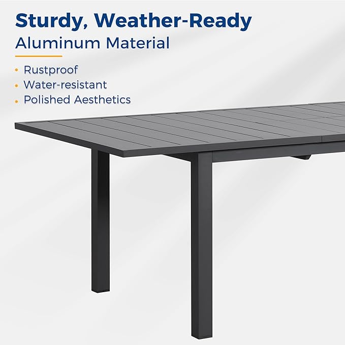 Wisteria Lane Aluminum Outdoor Dining Table, 68"-91.5" Adjustable Length Oversized Patio Table for 6-10 People, All-Weather Extendable Patio Dining Table with Adjustable Feet for Deck Balcony Garden