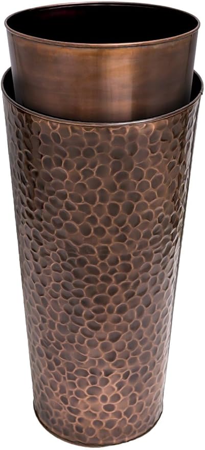 H Potter Tall Copper Planter Indoor Outdoor 28 Inch Antique Copper Hammered Metal Garden Planter with Insert Drainage and Drip Trays Large Decorative Floor Planter for Entryway Porch Patio Set of 2