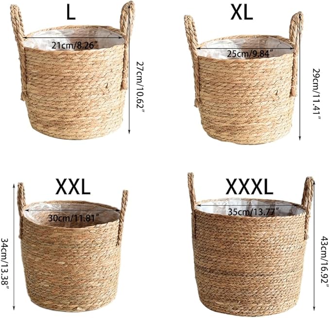 Rattan Planter Basket, Straw Weaving Woven Straw Flower Pot, Wicker Rattan Vase Sundries Organizers Storage Bins, Hand Woven Basket Planter with Plastics Liners and Handle for Indoor Outdoor (Medium)