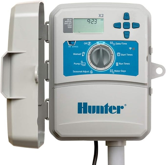 Hunter X2 4 Zone Sprinkler Controller, Outdoor Irrigation Timer for Lawn and Garden, Smart Watering with Weather-Based Scheduling and Cycle and Soak, Smart Controller Ready with Optional WiFi Module