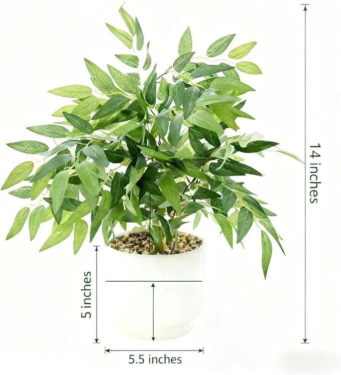 Ewtogift 17.7" Fake Willow Plant in White Textured Ceramic Planter Tall Artificial Greenery Faux Plant with Lifelike Leaves Elegant Indoor Plant Decor for Living Room, Office, or Bathroom