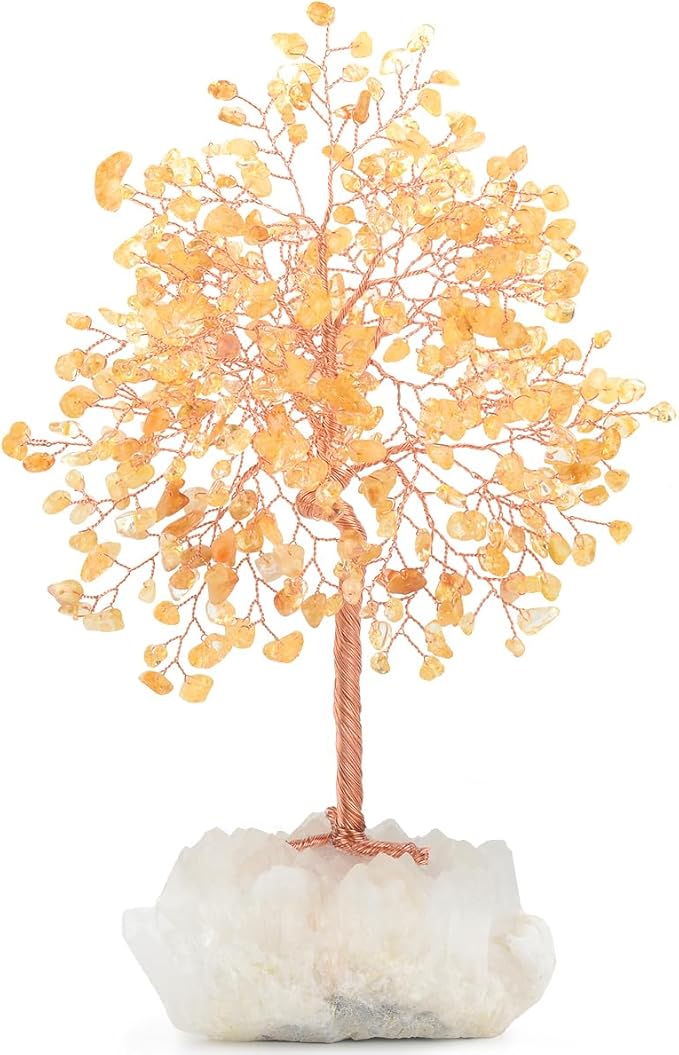MASGEMES Gemstone Crystal Tree of Life,Natural Citrine with Row Clear Quartz Base,Chakra Healing Crystals Positive Energy Fengshui Decor Bonsai Money Tree,Home Decor Gift Height 8.5-9 Inches