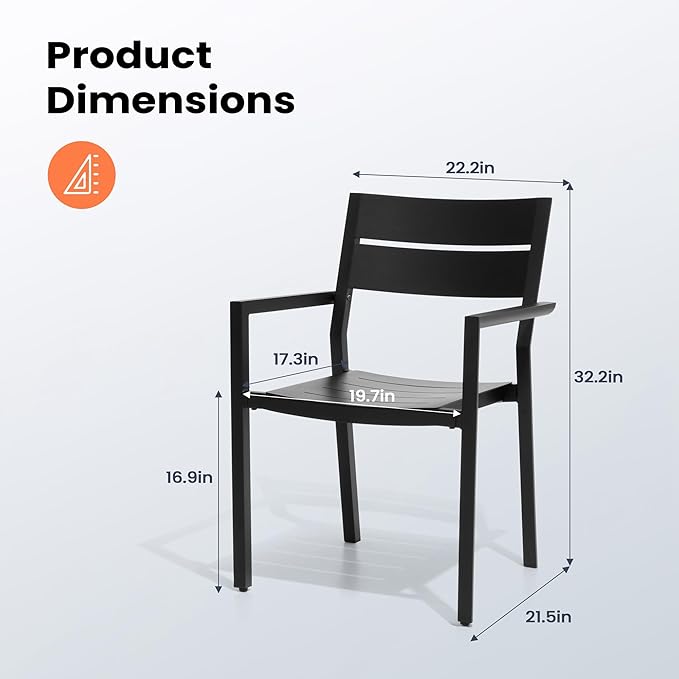 Pellebant Aluminum Stackable Patio Dining Chairs Set of 6, Black Outdoor Dining Chair with Armrest, All Weather for Patio, Lawn, Garden