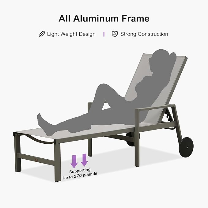 PURPLE LEAF Outdoor Chaise Lounge Set for 2 Aluminum Patio Chaise Lounger Chairs with Armrest and Wheels Adjustable Pool Chaise Lounge Chair for Beach Yard Poolside Table Included, Light Grey
