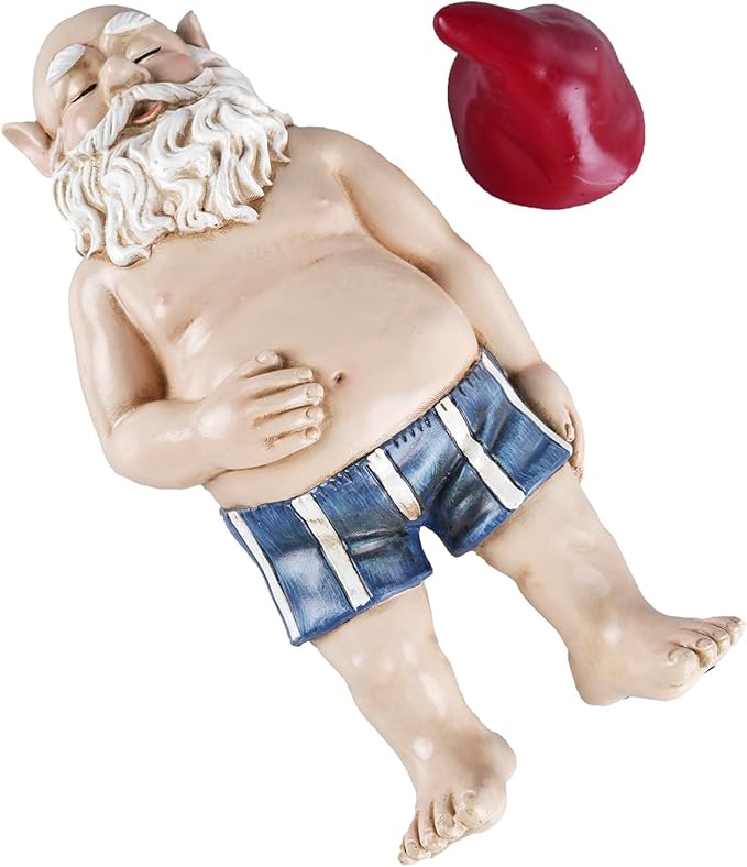 Sleeping Garden Gnome Statue, Funny naping gnome, Sunbathing gnome, Fun Gift, Decoration for Outdoors - 10 inches