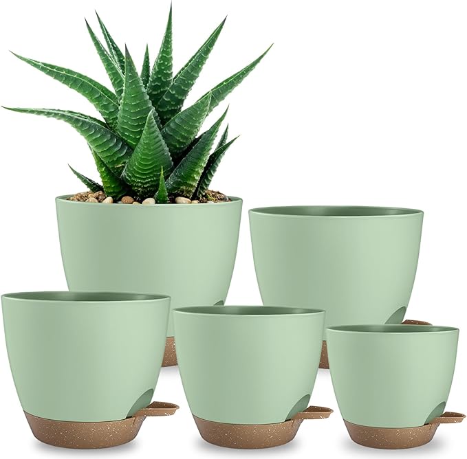 Hylitong Plant Pots 8/7.5/7/6.5/6 Inch Self Watering Pots,5 Pack Planters with Drainage Holes and Saucers,Plastic Flower Pots,Nursery Planters for Indoor Outdoor Plants (Green)