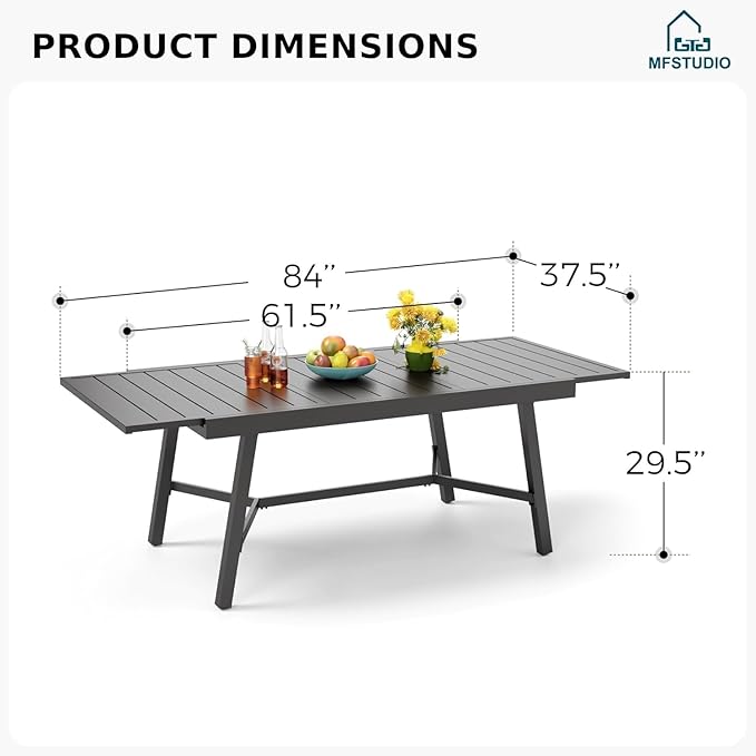 MFSTUDIO Modern Rectangular Patio Dining Set for 8, Black, All-Weather Resistant, Expandable Table & Breathable Textilene Chairs