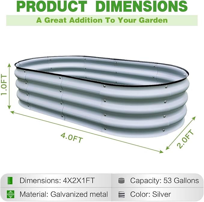 GrowHaus 4x2x1FT Galvanized Raised Garden Bed, Planter Boxes Outdoor Metal Garden Beds for Planting Vegetables Flowers Herbs Silver