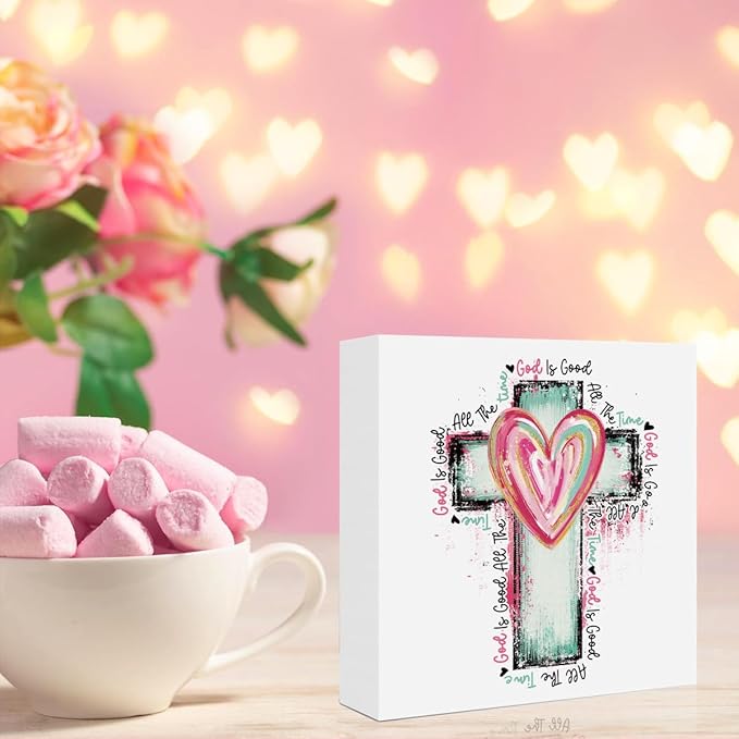 Valentines Day Decorations, Valentines Day Gifts for Her Him, Gift for Boyfriend Girlfriend, Romantic Watercolor Heart Cross Anniversary Christian Wooden Box Sign Husband Wife Home Office Desk Decor