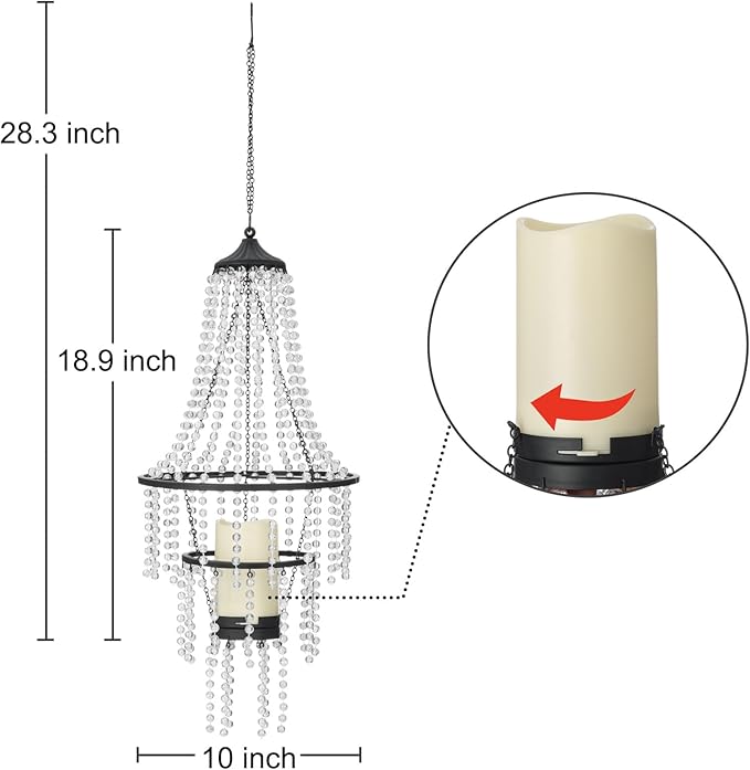 Hanging Candle Lantern Outdoor, 28” Battery Operated Modern Clear Acrylic Crystal Chandeliers with Flickering Yellow Led Candle Light S Hooks for Garden, Backyard, Gazebo, Room Indoor Indoor Decor