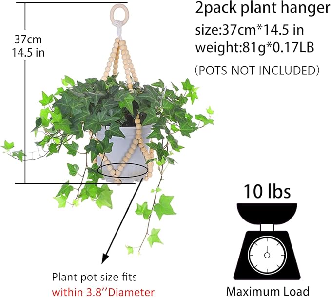 Artilady 2 Pack Beaded Plant Hanger Indoor - Macrame Hanging Planters for Plants Holder No Tassels with Wooden Beads Boho Farmhouse Rustic Home Decor (Wood Color Bead)