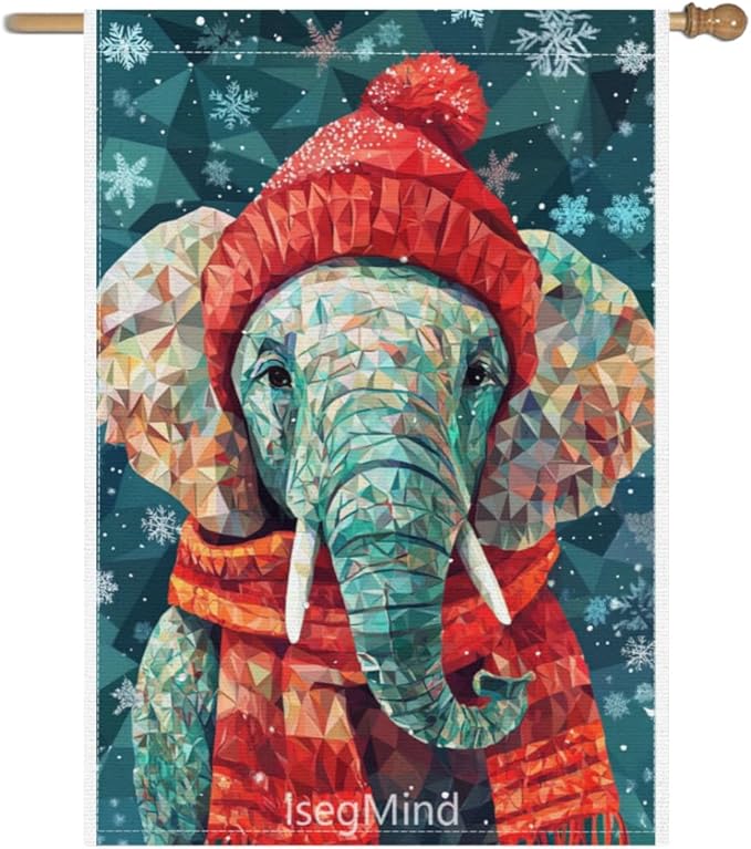 Elephant with Red Scarf and Hat Snowflake Christmas Garden Flag, 28x40 Inch Double Sided Linen Holiday Red Winter Farmhouse Yard Outdoor Decoration (4325)