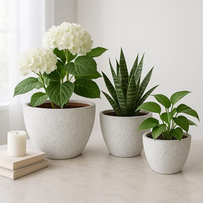Pottery Clay Planter Pots Set - Planters for Versatile Plant Styling, Indoor & Outdoor Patio and Garden Display, Textured Home Decor Design for Modern Outdoor and Calm Interiors – 10" 7" 6", White