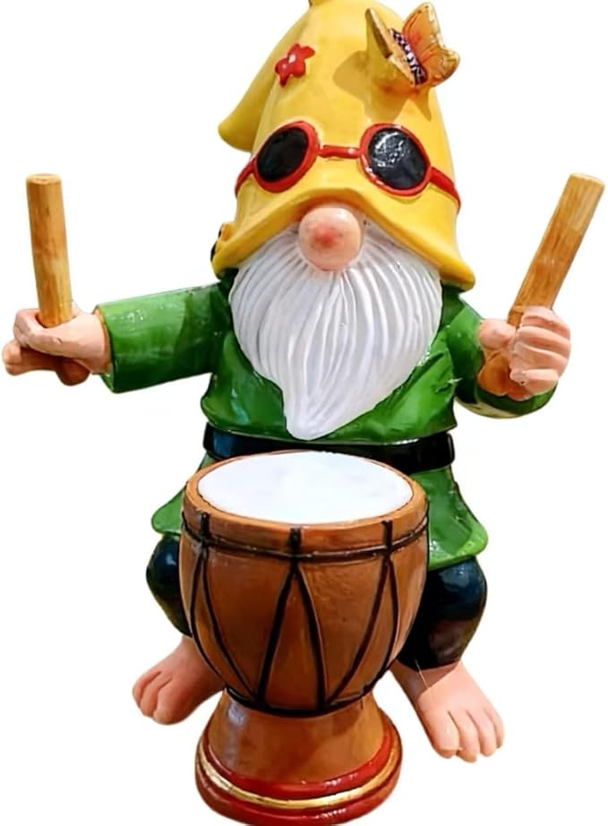 Garden Gnome Outdoor Decorative Statue, Yellow Hat with Sunglasses, Green Outfit, Drummer Design for Patio and Lawn Decor